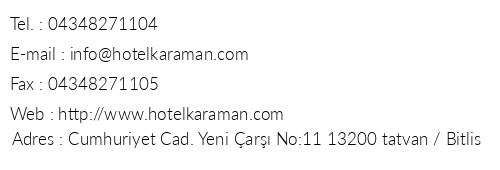 Otel Karaman telefon numaralar, faks, e-mail, posta adresi ve iletiim bilgileri